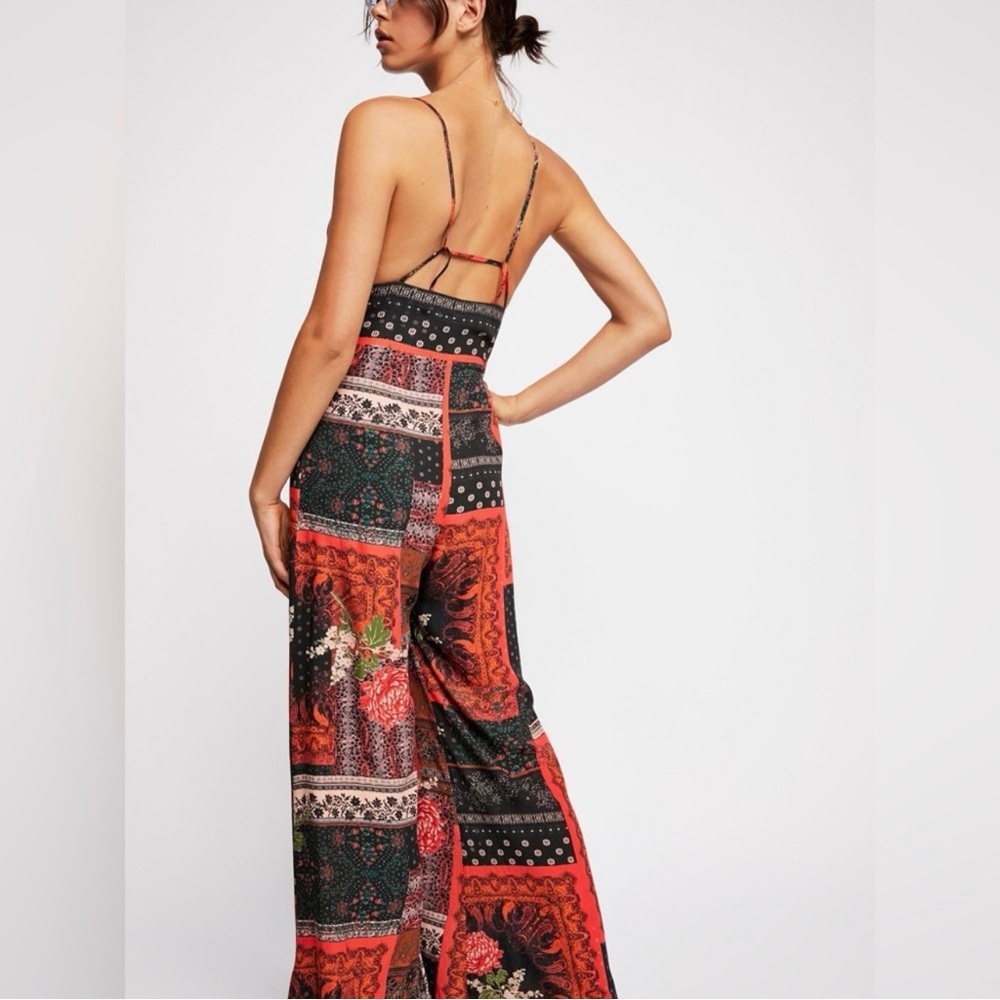 Free People Red & Black Patchwork Print Wide-Leg Jumpsuit - Picture 5 of 10